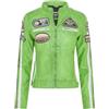 Infinity Leather Giacca da motociclista da donna in pelle verde, stile retrò, con cerniera e stemmi da corsa.