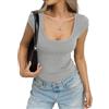 Tomwell Maglietta da donna in cotone a coste con scollo a U, maniche corte, maniche ad ali, slim fit, basic estiva Going Out Top 2026, grigio., XS