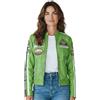 Infinity Leather Giacca da motociclista da donna in pelle verde, stile retrò, con cerniera e stemmi da corsa.