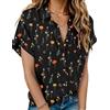 Hotouch Camicia da donna a maniche corte, 100% cotone, con bottoni, scollo a V, casual, con tasca, Fiori neri., S