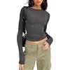 LACOZY Top Crop Aderenti da Donna Slim Fit per Uscire Casual Tinta Unita Girocollo Manica Lunga Maglietta Aderente Basic Streetwear, Grigio, S