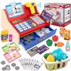 JONRRYIN Cassa Giocattolo in Legno per Bambini, Registratore di Cassa Giocattolo con Scanner e Suoni, Vera Calcolatrice, Soldi Finti, Carrello e Cibo, Cassa Supermercato per 3 4 5 6 Anni (Rosso)
