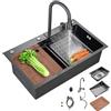 RSCSYKA Lavelli da cucina a cascata Nero Installazione sottopiano o piano di lavoro Lavello da cucina in acciaio inossidabile Lavello multifunzionale per casa e cucina Lavello alla moda con accessori per