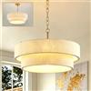 JIAODIE Sospensione Lino Doppio Strato Con Catena Dorata Regolabile Rotonda Beige 50cm Lampada Sospesa Moderna Minimalista Adatta Camera Soggiorno Isola Cucina Lampada Sospesa Sala Pranzo