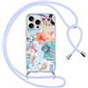 Yoedge Cover con Cordino per iPhone 15 Pro Max, Custodia con Laccio Collana Regolabile Tracolla Aesthetic Fiori Disegni, Silicone TPU Necklace Protettiva Corda Case per iPhone 15 Pro Max 6,7, Blu