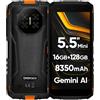 DOOGEENEXT Mini Smartphone Rugged Fire 3 Pro, 5,5 HD+, Corpo Compatto+Facile da Impugnare, 16GB+128GB(2TB SD), 8350mAh Batteria a Lunga Durata, AI Gemini, 16MP+8MP, Cellulare Antiurto, NFC, Arancione