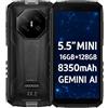 DOOGEENEXT Mini Smartphone Rugged Fire 3 Pro, 5,5 HD+, Corpo Compatto+Facile da Impugnare, 16GB+128GB(2TB SD), 8350mAh Batteria a Lunga Durata, AI Gemini, 16MP+8MP, Cellulare Antiurto IP68, NFC, Nero