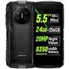 DOOGEENEXT Mini Smartphone Rugged Fire 3 Ultra, 24GB+256GB, 20MP Visione Notturna Telecamera, 5,5 HD+, Corpo Compatto+Facile da Impugnare, 8350mAh Batteria, AI Gemini, Cellulare Antiurto, NFC Nero