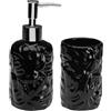Generico Set Accessori Bagno in Ceramica - Dispenser Sapone e Porta Spazzolini, Dosatore Sapone Liquido + Bicchiere Portaspazzolino, Design Moderno Lucido (Nero)