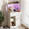 ChromaCasa Mobile da cucina con LED RGB e 2AC/2USB, vetrina alta con ripiani regolabili, armadio buffet con 2 scomparti aperti, 1 anta e 1 cassetto, per soggiorno, cucina (70 x 40 x 134 cm, bianco)