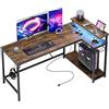 Bestier 147cm Scrivania a forma di L con prese di corrente, scrivania ad angolo per l'ufficio con ripiani reversibili e luci LED - Scrivania da studio moderna e semplice per piccoli spazi, marrone