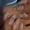 Teracimoha Press On Nails, 24 pezzi unghie finte con design in strass, french nails a mandorla in rosa, unghie adesive per donne