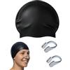 RAMGLYO Cuffia da Nuoto in Silicone Nero, Set 3 Pezzi (1 Cuffia + 2 Naselli) - Impermeabile, Protezione Efficace per Capelli & Orecchie dal Cloro. Comfort per Uomo, Donna & Bambini.