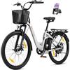 ttgo C2 PRO - Bicicletta elettrica da città da 26 pollici, con cestino, motore da 250 W 52 Nm, batteria da 36 V 18 Ah, autonomia di 80-120 km, cambio a 7 marce, per uomo e donna (bianco argento)