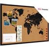 ALLboards Lavagna in sughero MAPPA DEL MONDO cornice in legno NERA 90x60cm, bacheca in sughero