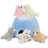 MorisMos 6 simpatici foca di peluche, 25 cm, casetta ghiacciata con 5 focacce, regalo di compleanno e Natale per bambini