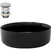 LuxeBath Lavabo in Ceramica da Appoggio Nero Opaco Ø 36 x 12 cm Rotondo con Set di Scarico in Ottone Cromato Valvola Drenaggio Lavello Sanitari da Bagno Lavandino Design Moderno Piletta Pop-Up