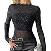 COSBERY Top da donna in rete, sexy, nero, glitterato, trasparente, per feste