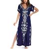 JENJON Donna Corta Manica Cover Up Caftano Floreale Ricamato Laterale Diviso Vestito da Spiaggia Abiti
