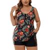 Halcurt Tankini - Costume da bagno da donna di grandi dimensioni, con reggiseno, 2 pezzi, tankini, top con pantaloncini da bagno, 1X-4X, Nero/Rosso Fiori Foglie, 4XL plus