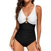 FemiChic Costume Intero Contenitivo da Bagno Donna Curvy Costumi Interi Push Up Scollo A V Mare Swimsuit for Women con Metallo Decorativo(Bianco e Nero,L)