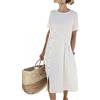 Onsoyours Vestito Donna Manica Corta Vestiti Estivi Girocollo Abito Lungo A-Line Casual Eleganti Abiti da Spiaggia Bottoni Boho Midi Dress con Tasche A Bianco XXL