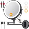 Auxmir 9 Specchio Trucco con Ingrandimento 30X/1X Altezza Regolabile, Specchio da Parete Estensibile a 54 LED 3 Colori Luce, Rotazione a 360°, Batterie Ricaricabile 5000mAh, per Bagno Hotel Spa, Nero