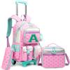 HTgroce Zaino Trolley Scuola Elementare Bambina con Lettera A - Set 3 Pezzi con Borsa per la Merenda e Astuccio - Zainetto con Ruote 2-in-1 Ergonomico per Scuola e Viaggio