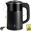 Leikurvo Bollitore elettrico da 800 ml, piccolo, 600 W, bollitore da viaggio, 6 minuti, bollitore elettrico, mini bollitore portatile da campeggio, teiera in acciaio inox per tè, caffè (nero)