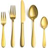 EIUBUIE Set di posate dorate per 6 persone, 30 pezzi, in acciaio inox di alta qualità, con coltello, forchette, cucchiaio, eleganti posate da tavola per casa/feste, lucidate a specchio