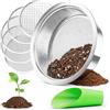 johgee Setaccio da giardino 5 in 1 in acciaio inox, resistente alle intemperie, con 5 inserti intercambiabili Ø 1,3,6,9,12 mm + paletta per terra, pietre, compost, sabbia, ecc. 24 cm, rotondo