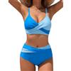 FemiChic Costume da Bagno Donna Due Pezzi Vita Alta Costumi da Bagno Pancia Piatta Color Block Bikini Incrociato per Mare Piscina Curvy Swimwear(Assemblaggio Blu,XL)