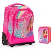 PRESTIGE & DELUXE Trolley Zaino scuola compatibile con Barbie Rosa per la scuola + Astuccio 3 piani + omaggio 7 penne multicolore e portachiave paillettes