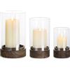 Hewory Portacandela antivento in vetro per esterni, set da 3 cilindri in vetro vintage per candele con fondo in legno, grande per boho decorazione rustica, soggiorno, portacandele in legno per balcone