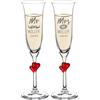 AMAVEL Set 2 Flûte in Vetro con Cuori Rossi e Incisione Personalizzabile con Cognome e Data, Mr & Mrs, Bocca a Bacio e Baffi, Calici da Spumante Come Regalo di Nozze, Idea per Innamorati