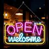Behogan Open Welcome - Cartello al neon, 42 x 23 cm, Welcome LED Open Neon Shield per negozio, segnale luminoso luminoso con funzionamento USB, dimmerabile, luce al neon aperta, per decorazione
