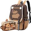 JIABAOZ Zaino Capibara Scuola Elementare, Zaino per Bambino Capibara con Astuccio e Portachiavi, Cartone Animato Borsa Scuola di Grande Capacità per Ragazze e Ragazzi (J)