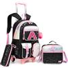 HTgroce Zaino Trolley Scuola Elementare Bambina con Lettera A - Set 3 Pezzi con Borsa per la Merenda e Astuccio - Zainetto con Ruote 2-in-1 Ergonomico per Scuola e Viaggio