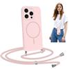 Coiwxmoi Magnetica Cover per iPhone 16 Pro Max 6.9 con Cordino Regolabile,Compatibile con MagSafe,Custodia con Collana Tracolla Laccio Collo Liquido TPU Silicone Lanyard Case Antiurto,Rosa