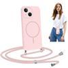Coiwxmoi Magnetica Cover per iPhone 15 6.1 con Cordino Regolabile,Compatibile con MagSafe,Custodia con Collana Tracolla Laccio Collo Liquido TPU Silicone Lanyard Case Antiurto,Rosa