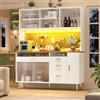 Huayz Armadio da cucina, vetrina, con illuminazione a LED, armadio alto con mensole forate, armadio da bar con porta bicchieri di vino e spazio di archiviazione, per cucina e sala da pranzo (bianco