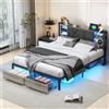 MEXUS Letto matrimoniale 160 x 200 cm con testiera a LED, ripiano portaoggetti, porta USB e presa corrente, telaio letto in metallo con 2 cassetti, adatto per adolescenti, nero, senza materasso (160 x 200