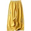 ThiCc Pantaloni da donna ricamati in cotone e lino, stile vintage cinese, etnico, elastico in vita, pantaloni a gamba larga, pantaloni estivi larghi e fluidi per abbigliamento casual quotidiano, Giallo, M