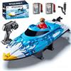 Hylukon Barca telecomandata, 25 km/h, barche da corsa Speedboat ad alta velocità, barca RC da 2,4 GHz con luci a LED, allarme a bassa tensione, ripristino automatico con un clic (blu)