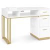 Barberpub tavolo da manicure con 3 cassetti e 2 ripiani, tavolo per unghie con aspirazione, in legno oro bianco in marmo, 57x112x80cm, 2472
