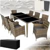 tectake® Set Mobili da Giardino, Set Sedie da 8 e Tavolo da Giardino con Piano in Vetro, Struttura in Alluminio, Regolabile, Cuscini, 2 Set Rivestimenti, Copertura, Set in Rattan da Esterno - Naturale