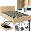 tectake® Letto Matrimoniale Imbottito con Rete a Doghe, Letto Contenitore Matrimoniale e Illuminazione LED, Struttura in Acciaio, Velluto Trapuntato Chesterfield, con Telecomando, 140x200 cm - Beige