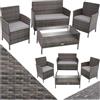 tectake® Set di Mobili da Giardino in Polyrattan, 1 Tavolino Salotto con Piano in Vetro, 1 Panca, Set Sedie con Cuscini, Rivestimenti Sfoderabili, Telaio in Acciaio - Grigio