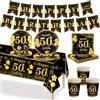 MORAINJAY 70 Pezzi Stoviglie Festa 50 Anni Oro Nero | Piatti Carta, Bicchieri, Tovaglioli E Striscione, Decorazioni Da Tavola Per Festa 50 Compleanno