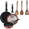 WELL HOME MOBILIARIO & DECORACIÓN Well Home Set di 3 padelle Ø16Ø20Ø24cm in Alluminio pressato in rame metallizzato+Set 3pc utensili da cucina legno acacia